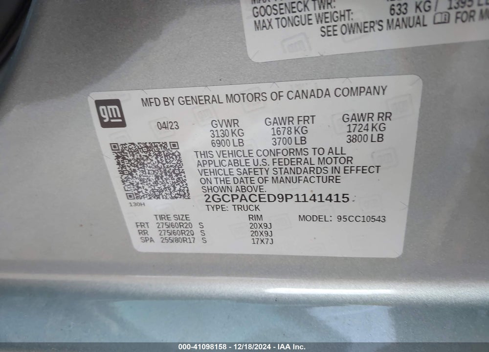 2023 CHEVROLET SILVERADO 1500 VIN: 2GCPACED9P1141415