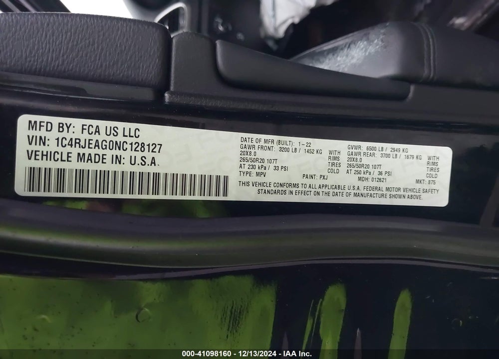 2022 JEEP GRAND CHEROKEE WK VIN: 1C4RJEAG0NC128127