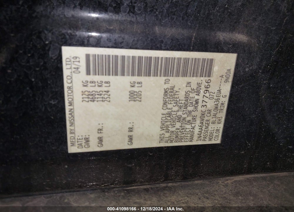 2019 NISSAN MAXIMA VIN: 1N4AA6AV0KC377966