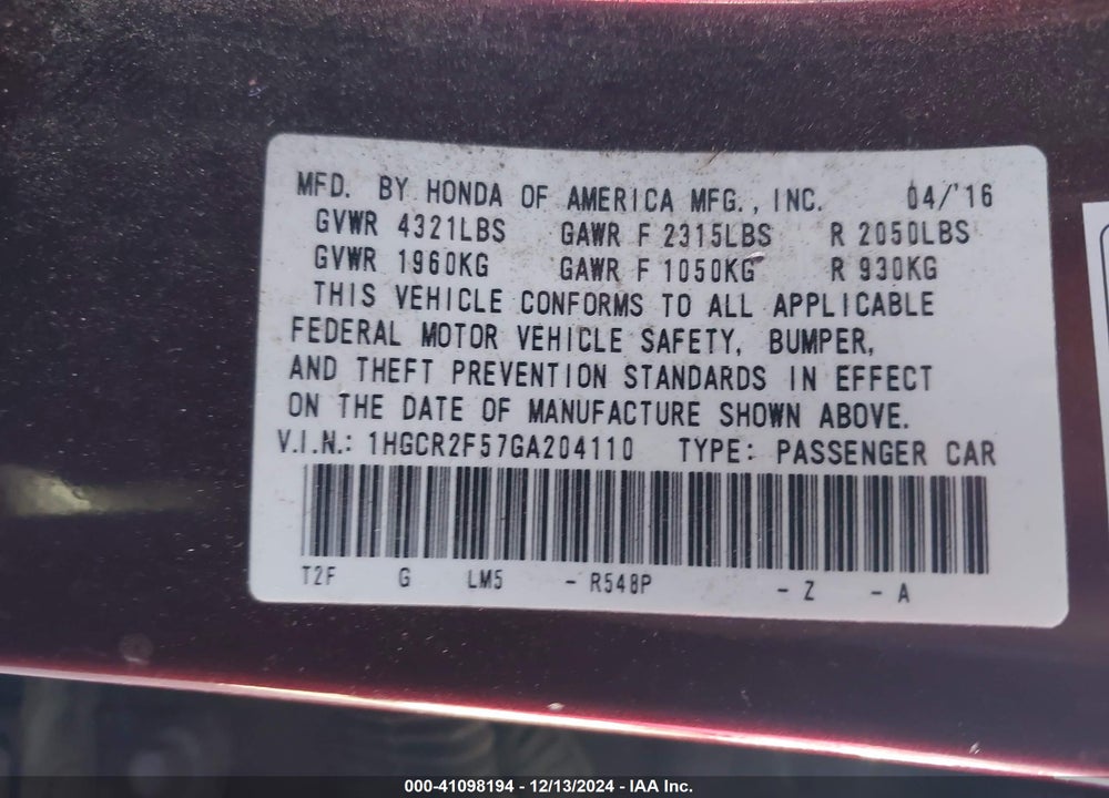 2016 HONDA ACCORD VIN: 1HGCR2F57GA204110