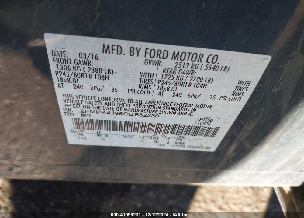 2016 FORD EDGE SEL VIN: 2FMPK4J95GBB52230