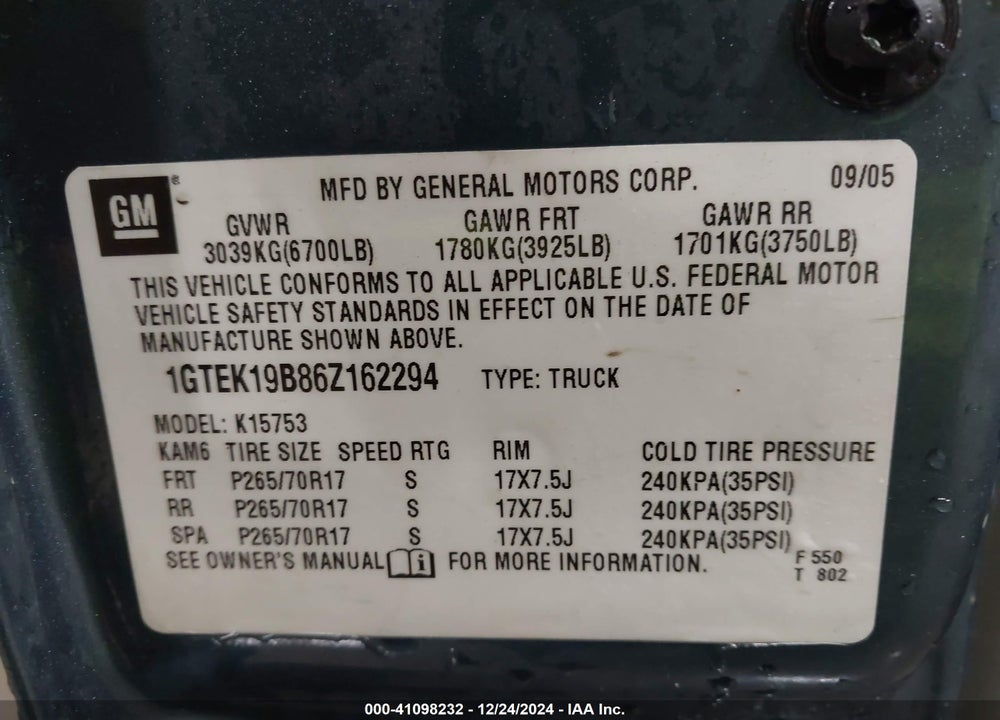 2006 GMC SIERRA 1500 SLT VIN: 1GTEK19B86Z162294