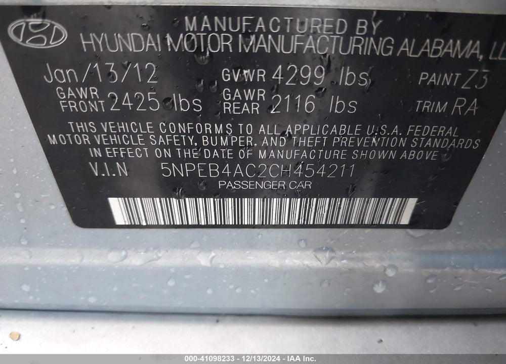2012 HYUNDAI SONATA GLS VIN: 5NPEB4AC2CH454211