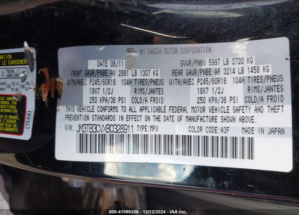 2011 MAZDA CX-9 TOURING VIN: JM3TB3CVXB0328911