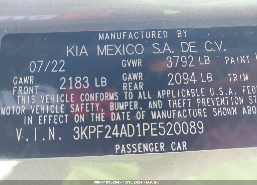 2023 KIA FORTE LXS VIN: 3KPF24AD1PE520089