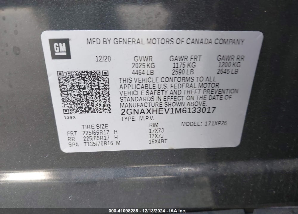 2021 CHEVROLET EQUINOX FWD LS VIN: 2GNAXHEV1M6133017