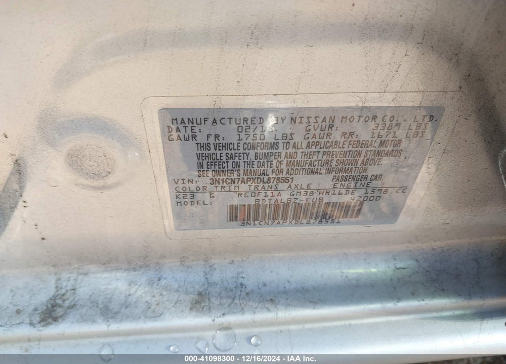 2013 NISSAN VERSA 1.6 SV VIN: 3N1CN7APXDL878551