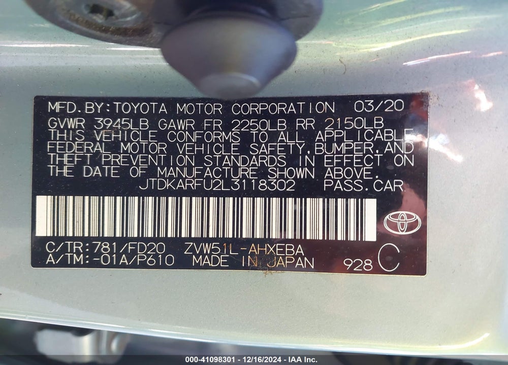 2020 TOYOTA PRIUS LE VIN: JTDKARFU2L3118302