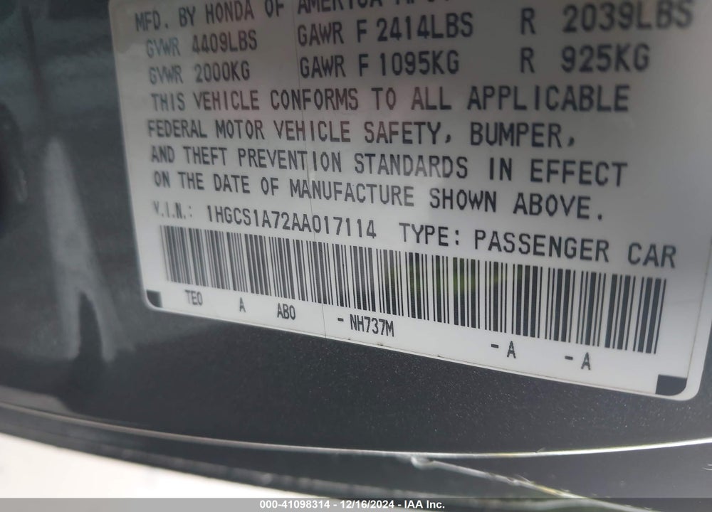 2010 HONDA ACCORD VIN: 1HGCS1A72AA017114