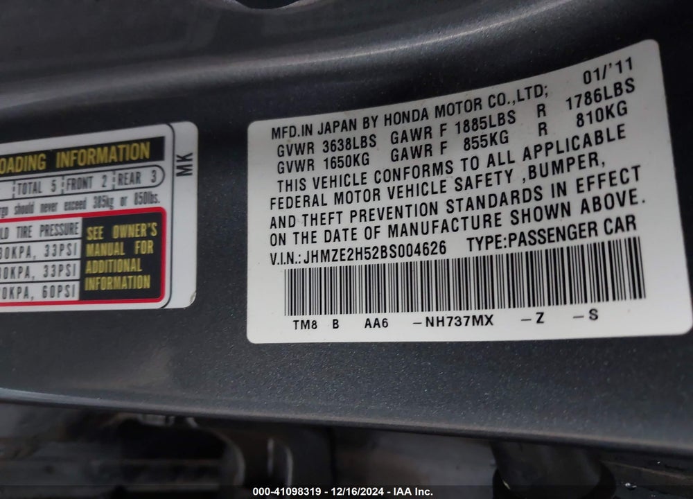 2011 HONDA INSIGHT LX VIN: JHMZE2H52BS004626