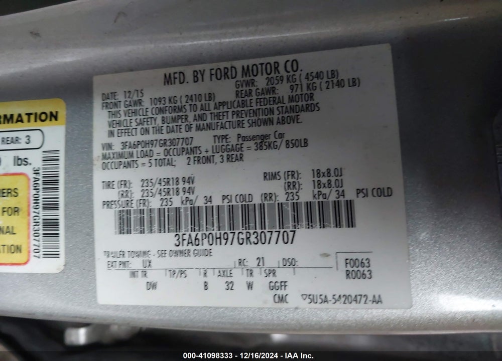 2016 FORD FUSION SE VIN: 3FA6P0H97GR307707