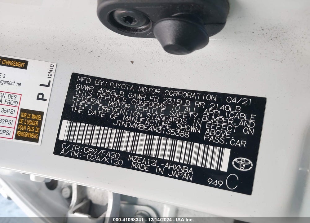 2021 TOYOTA COROLLA SE VIN: JTND4MBE4M3135388