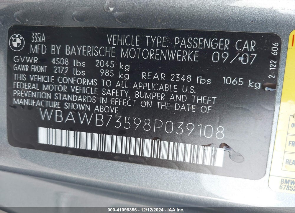 2008 BMW 335I VIN: WBAWB73598P039108