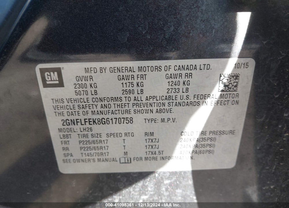 2016 CHEVROLET EQUINOX LT VIN: 2GNFLFEK8G6170758