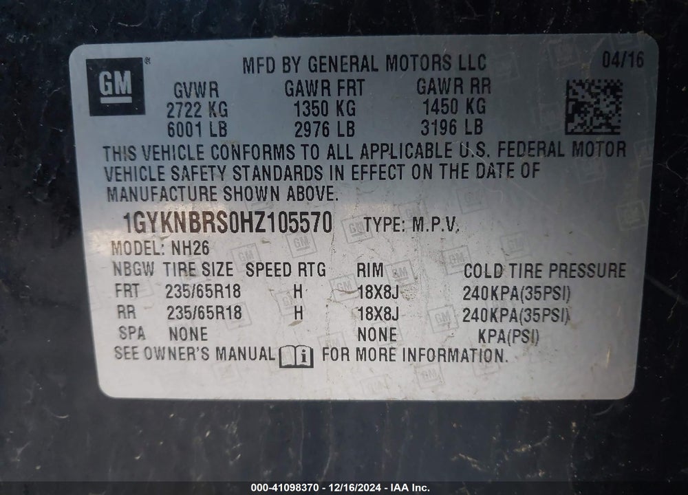 2017 CADILLAC XT5 LUXURY VIN: 1GYKNBRS0HZ105570