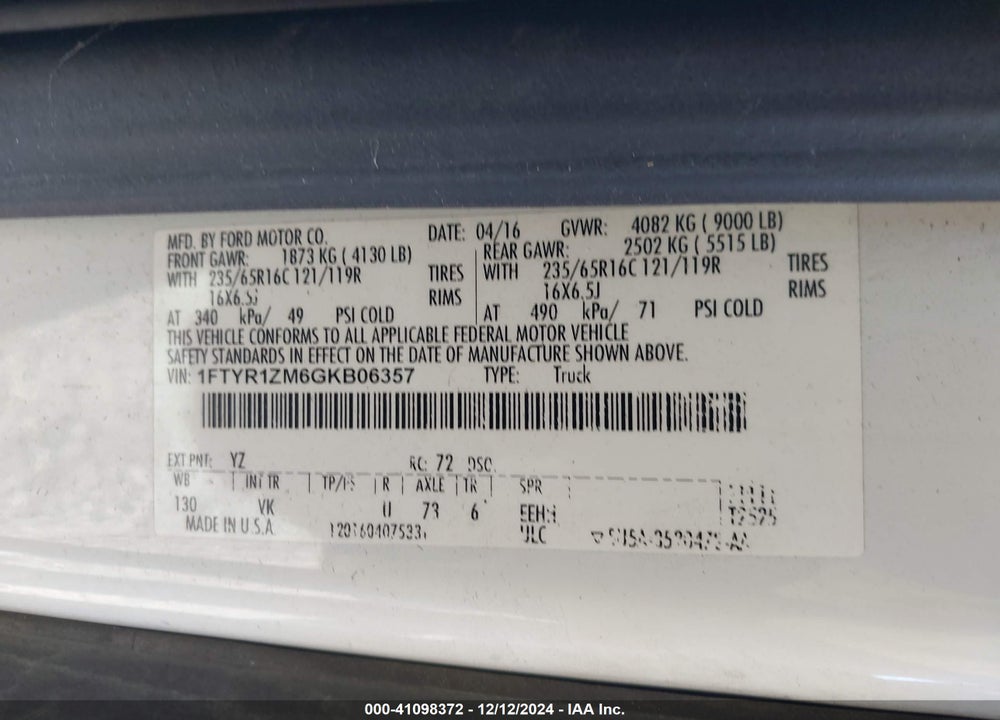2016 FORD TRANSIT-250 VIN: 1FTYR1ZM6GKB06357
