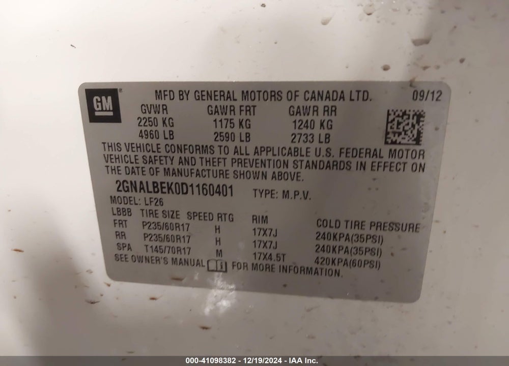 2013 CHEVROLET EQUINOX LS VIN: 2GNALBEK0D1160401