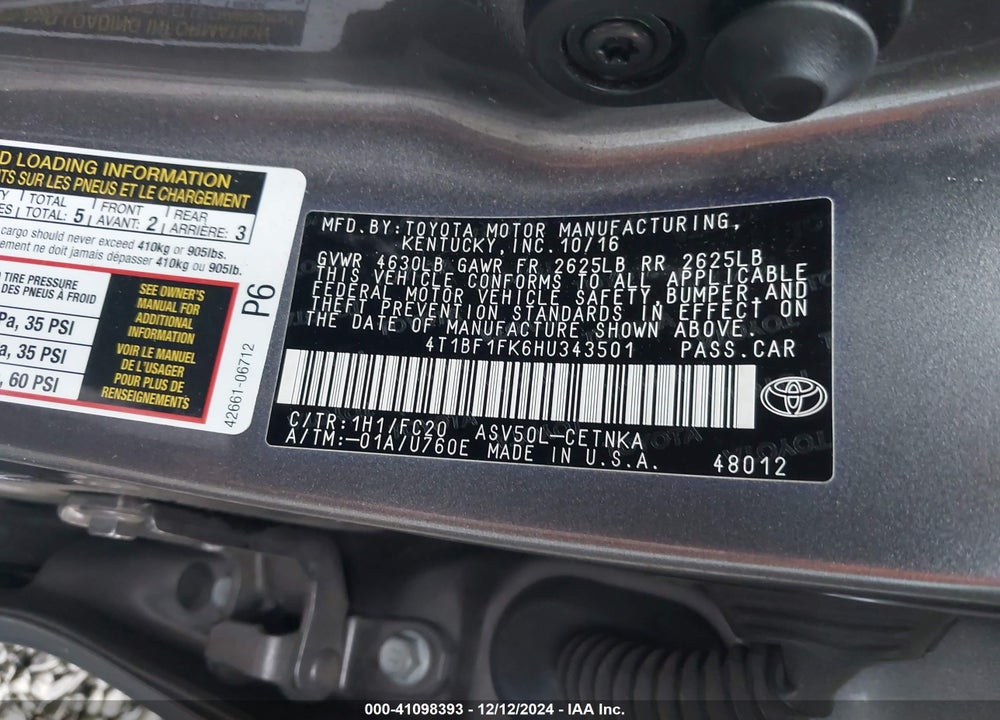 2017 TOYOTA CAMRY VIN: 4T1BF1FK6HU343501