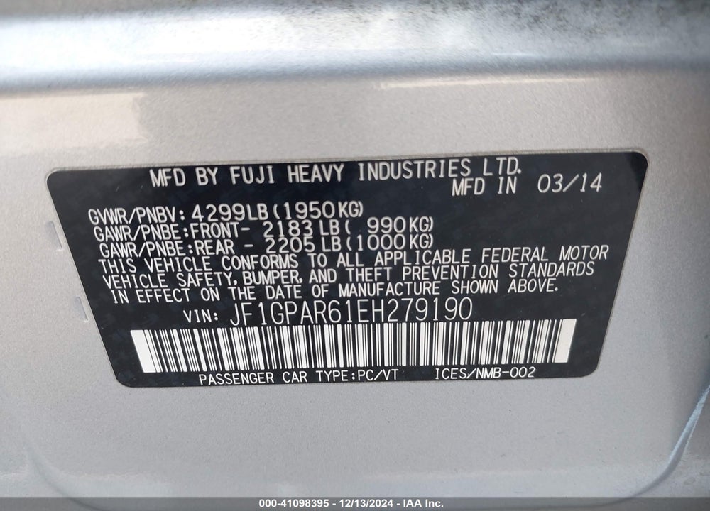 2014 SUBARU IMPREZA 2.0I SPORT LIMITED VIN: JF1GPAR61EH279190
