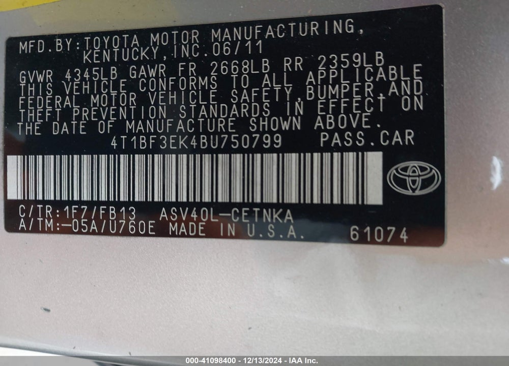 2011 TOYOTA CAMRY LE VIN: 4T1BF3EK4BU750799
