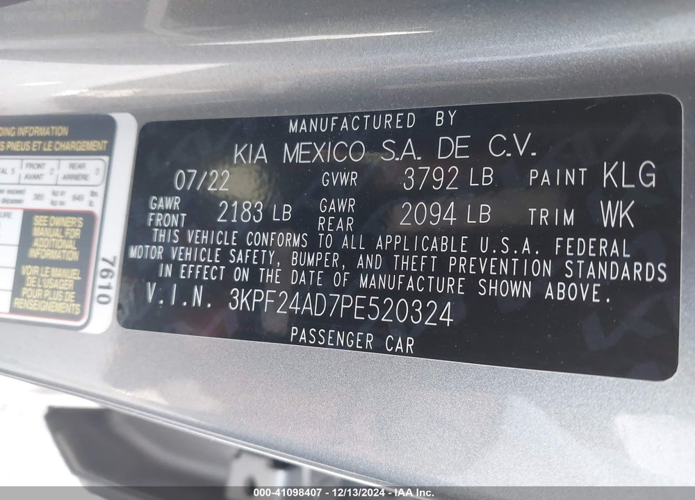 2023 KIA FORTE VIN: 3KPF24AD7PE520324