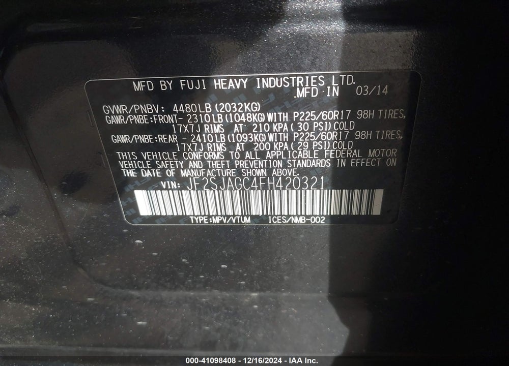 2015 SUBARU FORESTER 2.5I PREMIUM VIN: JF2SJAGC4FH420321