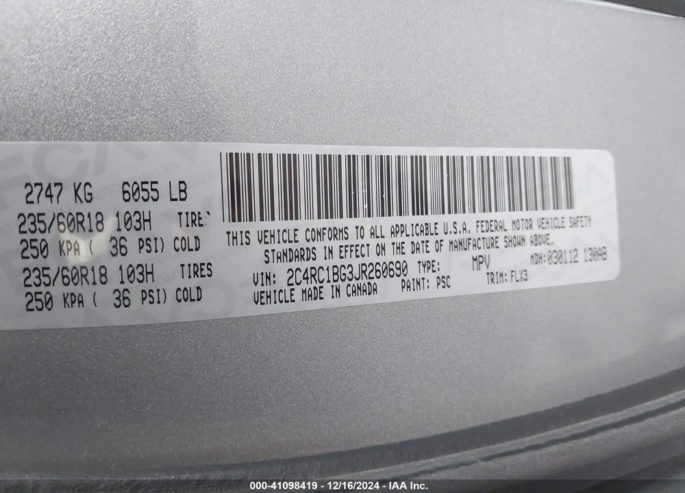 2018 CHRYSLER PACIFICA TOURING L VIN: 2C4RC1BG3JR260690