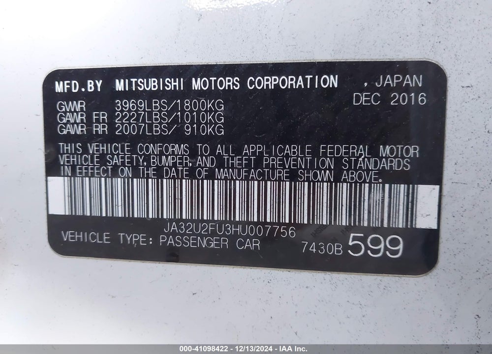 2017 MITSUBISHI LANCER VIN: JA32U2FU3HU007756