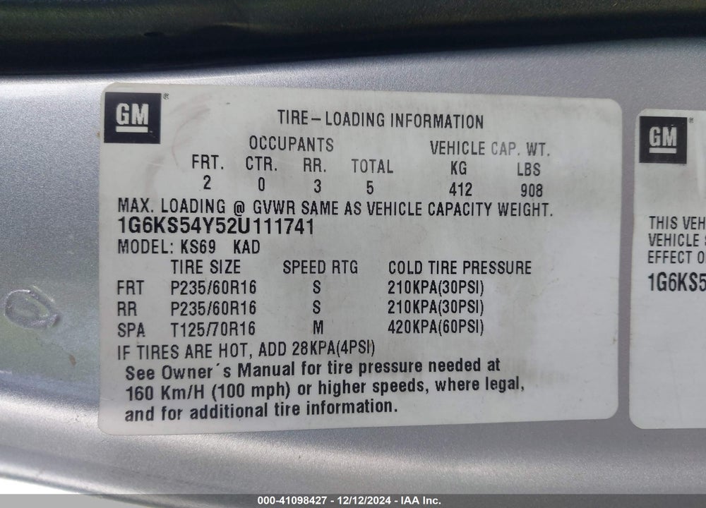 2002 CADILLAC SEVILLE SLS VIN: 1G6KS54Y52U111741
