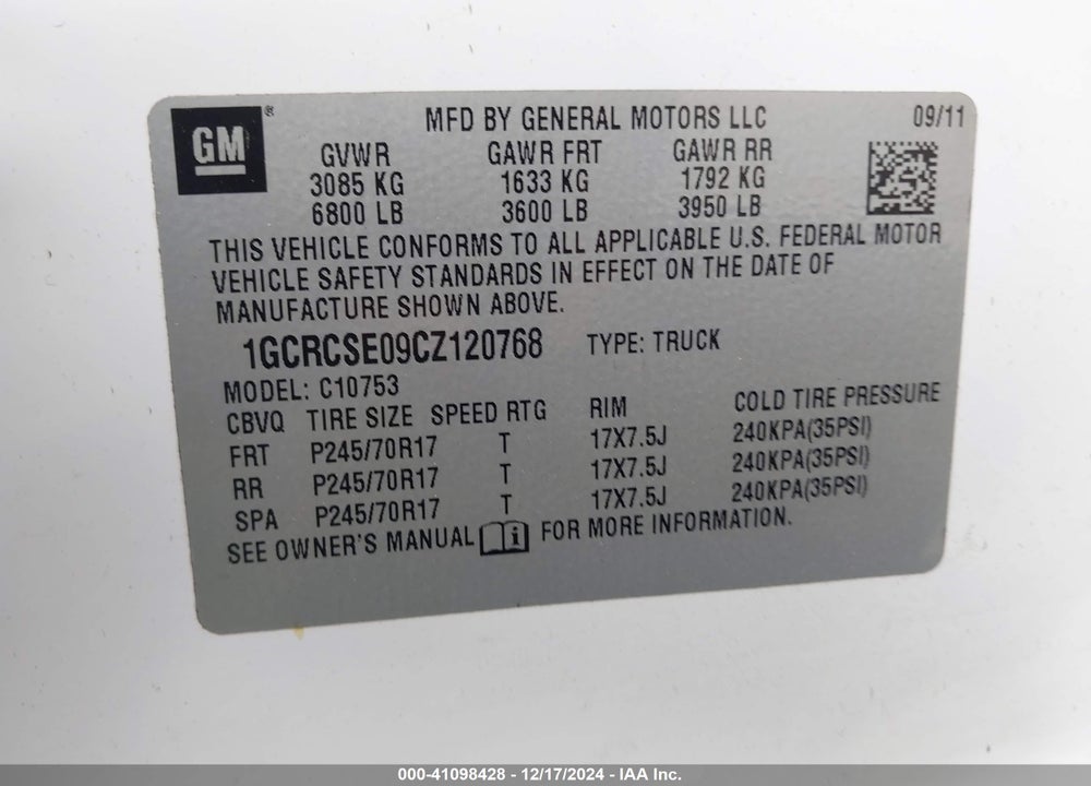 2012 CHEVROLET SILVERADO 1500 LT VIN: 1GCRCSE09CZ120768