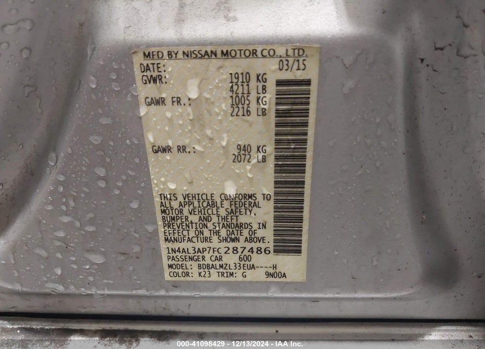 2015 NISSAN ALTIMA VIN: 1N4AL3AP7FC287486