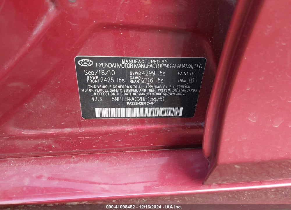 2011 HYUNDAI SONATA GLS VIN: 5NPEB4AC2BH158751