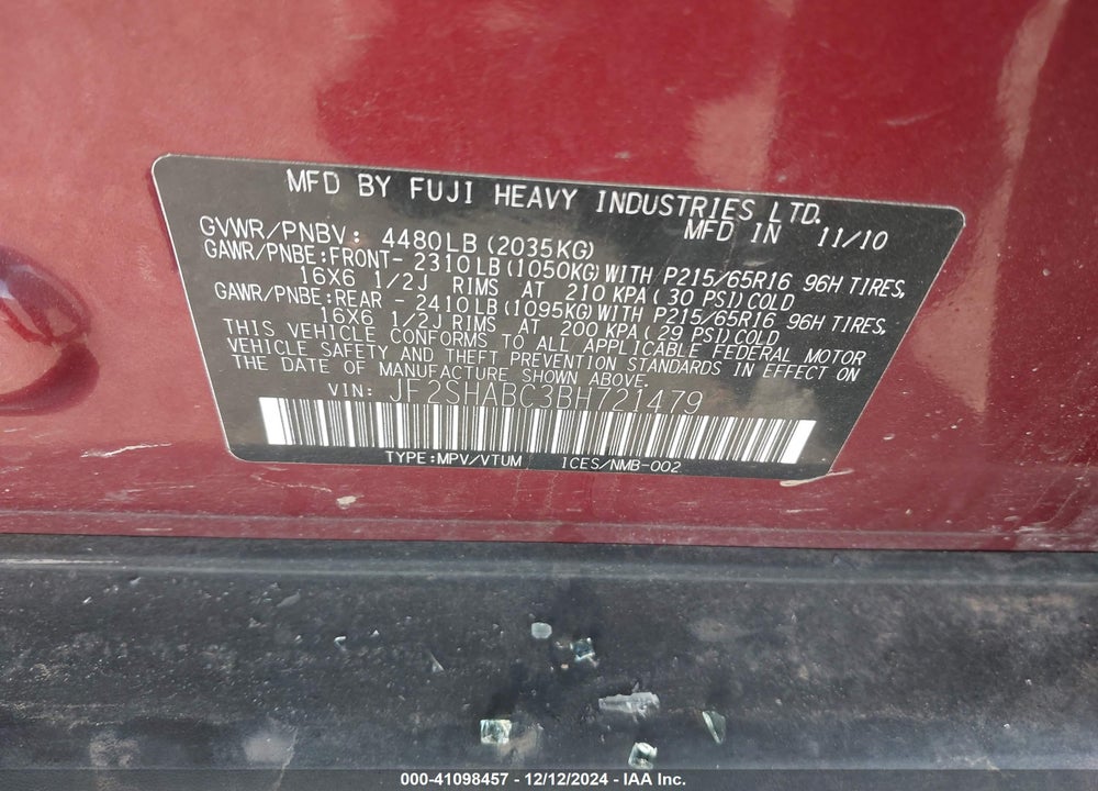 2011 SUBARU FORESTER 2.5X VIN: JF2SHABC3BH721479