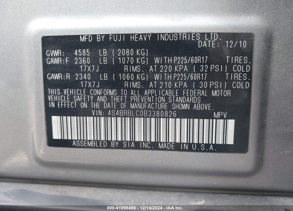 2011 SUBARU OUTBACK 2.5I LIMITED VIN: 4S4BRBLC0B3380826