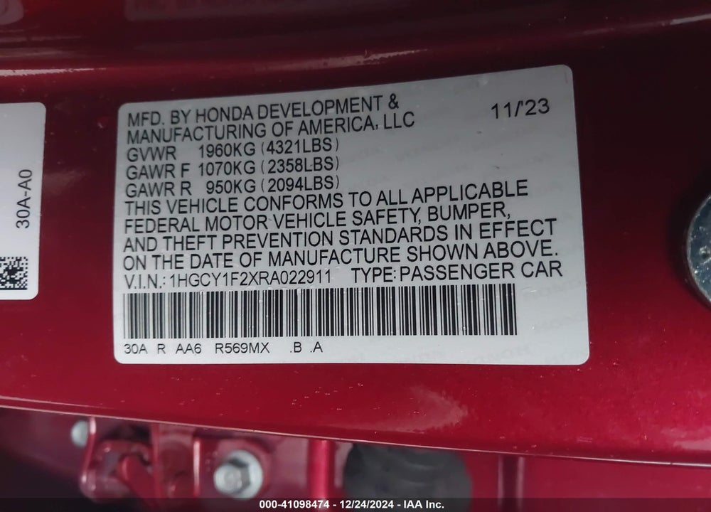 2024 HONDA ACCORD VIN: 1HGCY1F2XRA022911