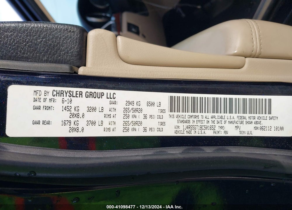 2011 JEEP GRAND CHEROKEE LIMITED VIN: 1J4RS5GT1BC501652