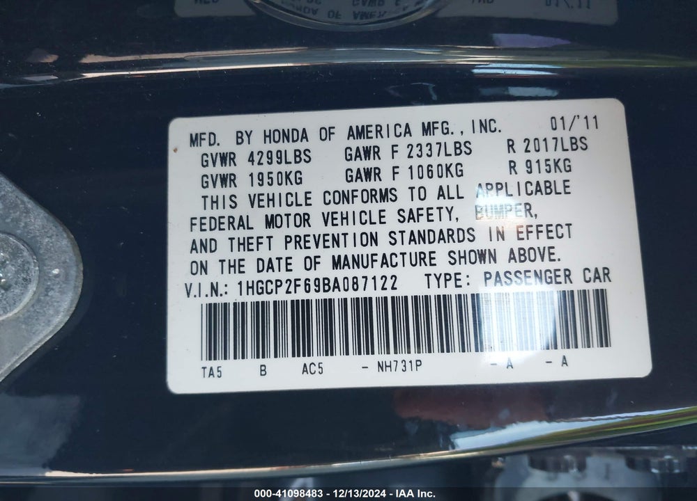 2011 HONDA ACCORD 2.4 SE VIN: 1HGCP2F69BA087122