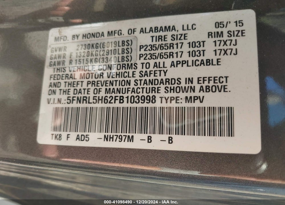 2015 HONDA ODYSSEY EX-L VIN: 5FNRL5H62FB103998