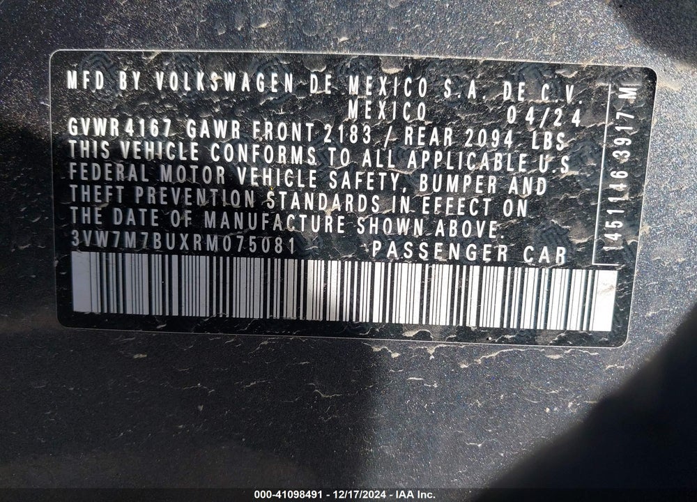 2024 VOLKSWAGEN JETTA VIN: 3VW7M7BUXRM075081