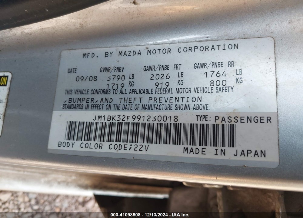 2009 MAZDA 3 I VIN: JM1BK32F991230018