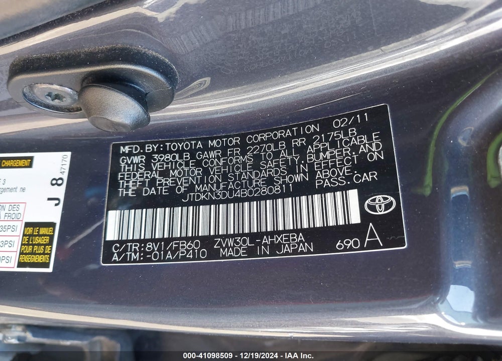2011 TOYOTA PRIUS TWO VIN: JTDKN3DU4B0280811