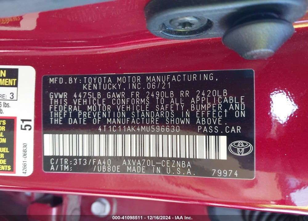 2021 TOYOTA CAMRY LE VIN: 4T1C11AK4MU596630