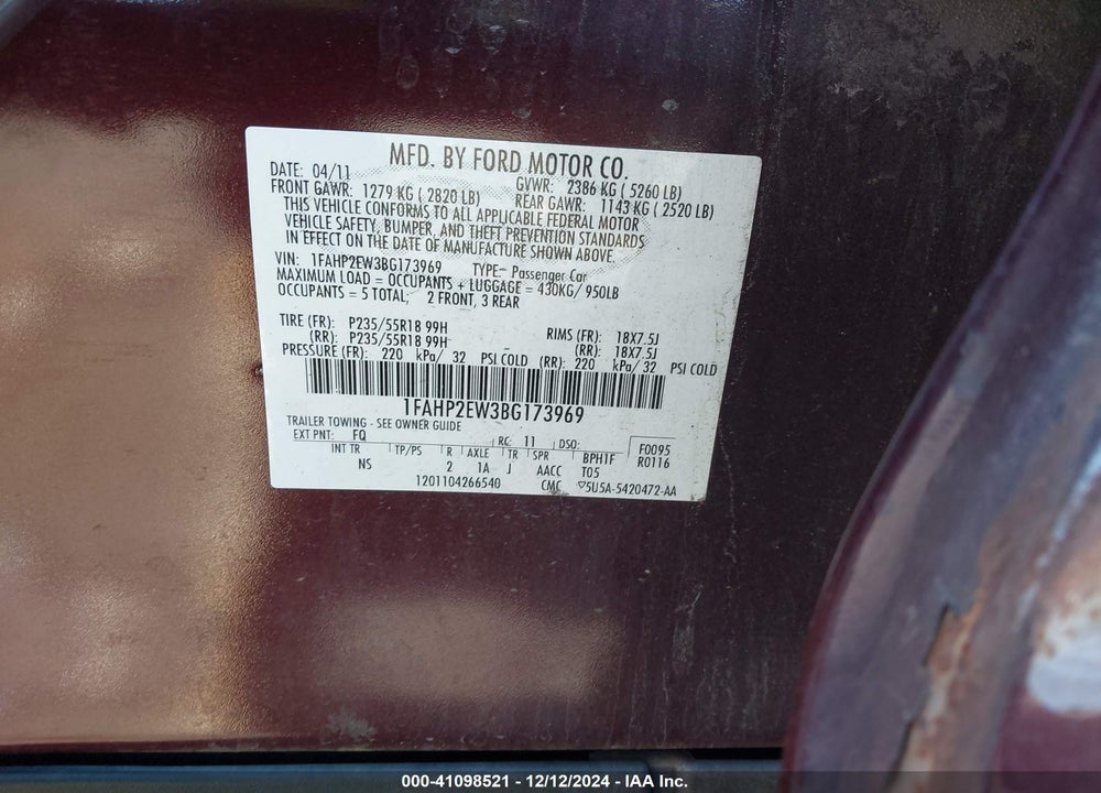2011 FORD TAURUS VIN: 1FAHP2EW3BG173969