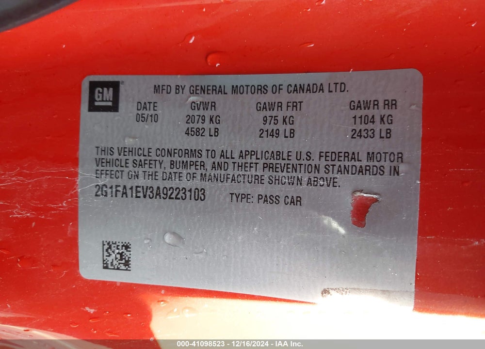 2010 CHEVROLET CAMARO 1LS VIN: 2G1FA1EV3A9223103