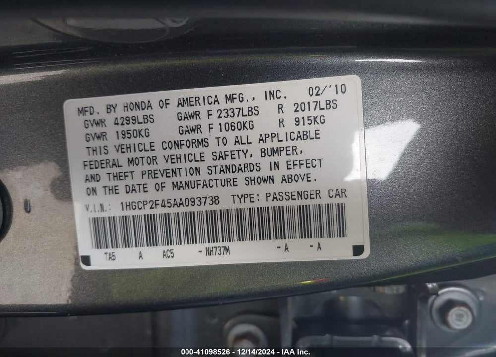 2010 HONDA ACCORD 2.4 LX-P VIN: 1HGCP2F45AA093738