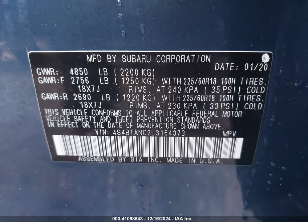 2020 SUBARU OUTBACK LIMITED VIN: 4S4BTANC2L3164373