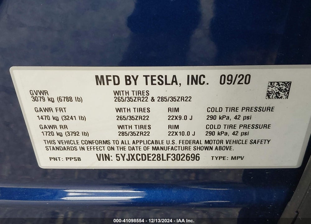 2020 TESLA MODEL X VIN: 5YJXCDE28LF302696
