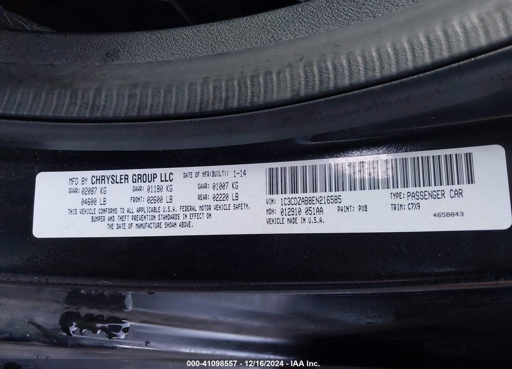 2014 DODGE AVENGER SE VIN: 1C3CDZAB8EN216585