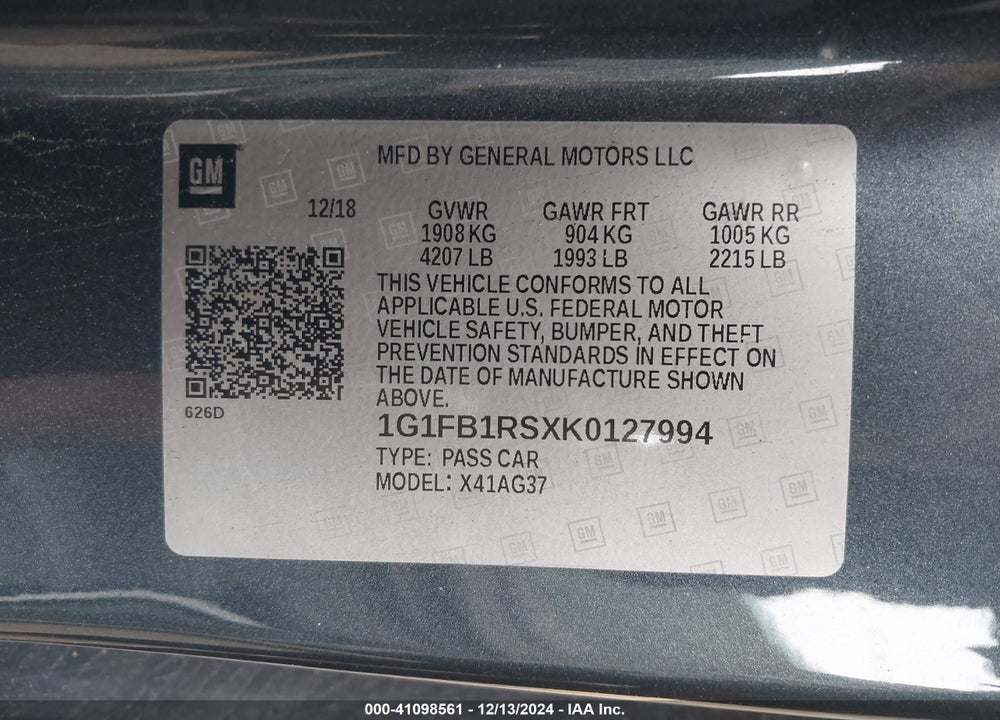 2019 CHEVROLET CAMARO 1LT VIN: 1G1FB1RSXK0127994