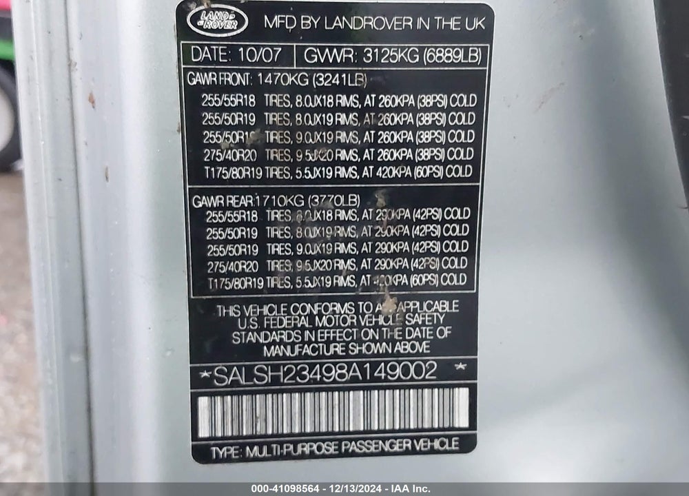 2008 LAND ROVER RANGE ROVER SPORT VIN: SALSH23498A149002